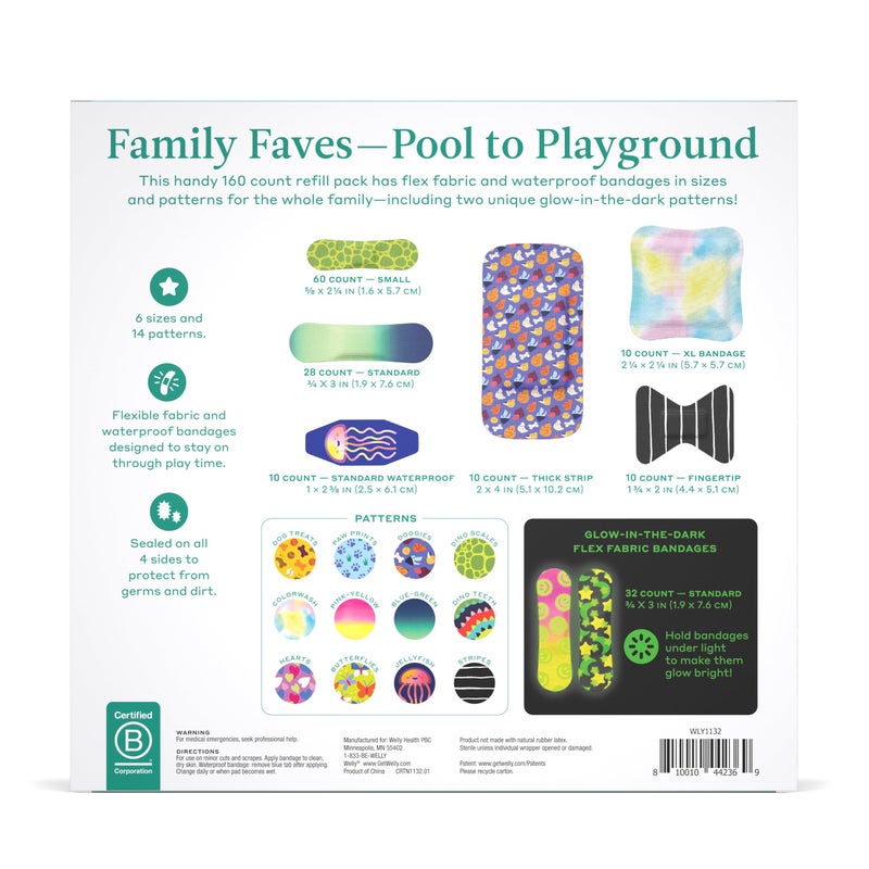 Welly Bandage Large Refill Pack | Adhesive Flexible Fabric, Glow-in-The-Dark & Waterproof Bandages | Assorted Shapes and Patterns for Minor Cuts, Scrapes, and Wounds - 160 Count - Image 2