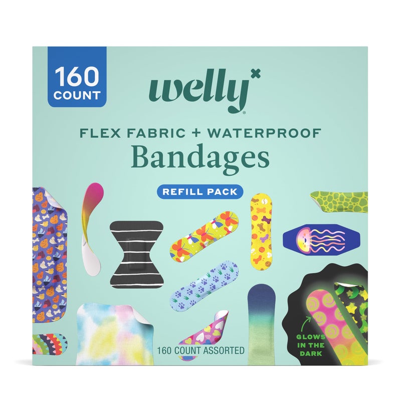 Welly Bandage Large Refill Pack | Adhesive Flexible Fabric, Glow-in-The-Dark & Waterproof Bandages | Assorted Shapes and Patterns for Minor Cuts, Scrapes, and Wounds - 160 Count - Image 1