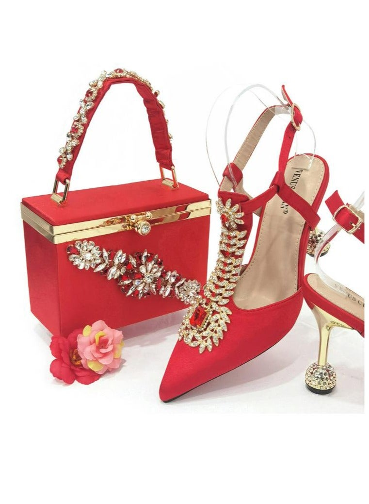 Fine Heeled Pointed Rhinestone High-Heeled Sandals 9cm+Square Rhinestone Handbag  - Image 1