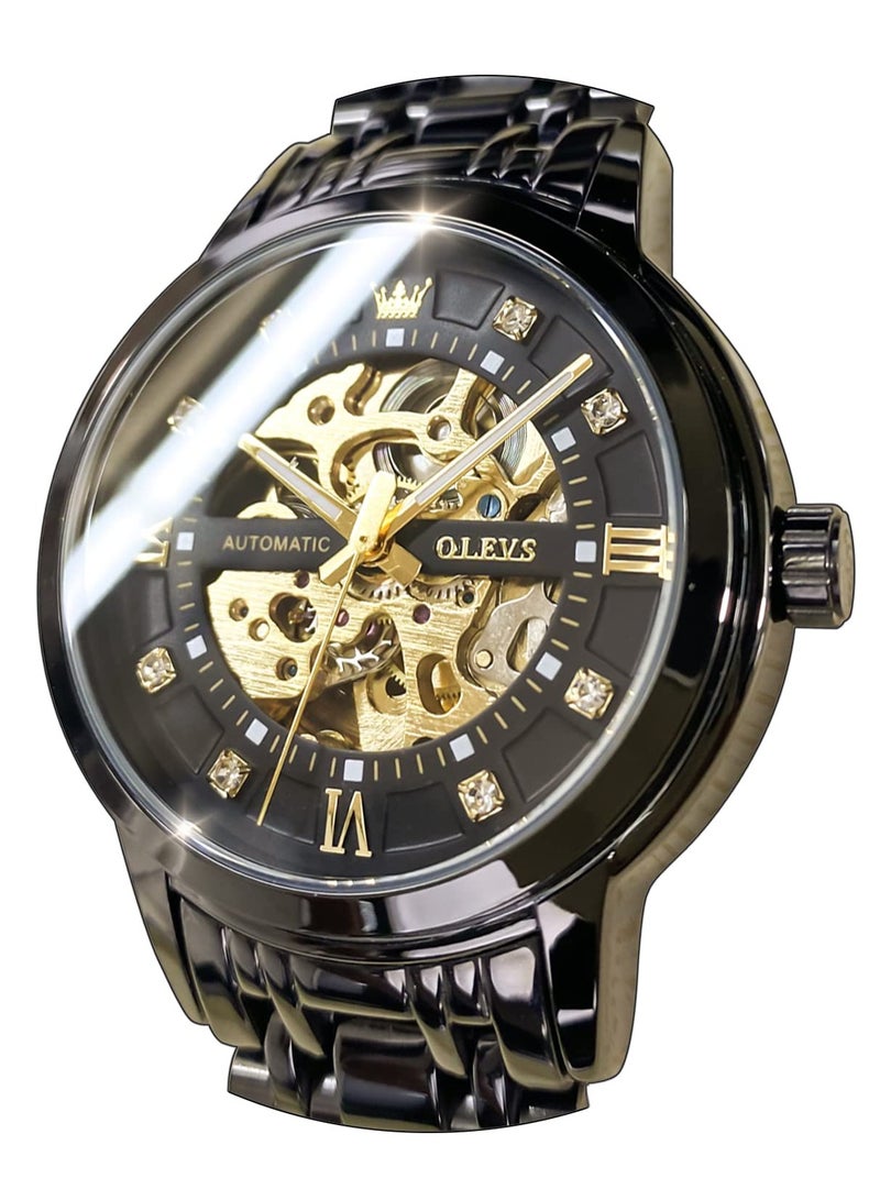 OLEVS OLEVS Men's Gold Hollow Watch Automatic Mechanical Stainless Steel Waterproof Luminous Watch 9901  - Image 1