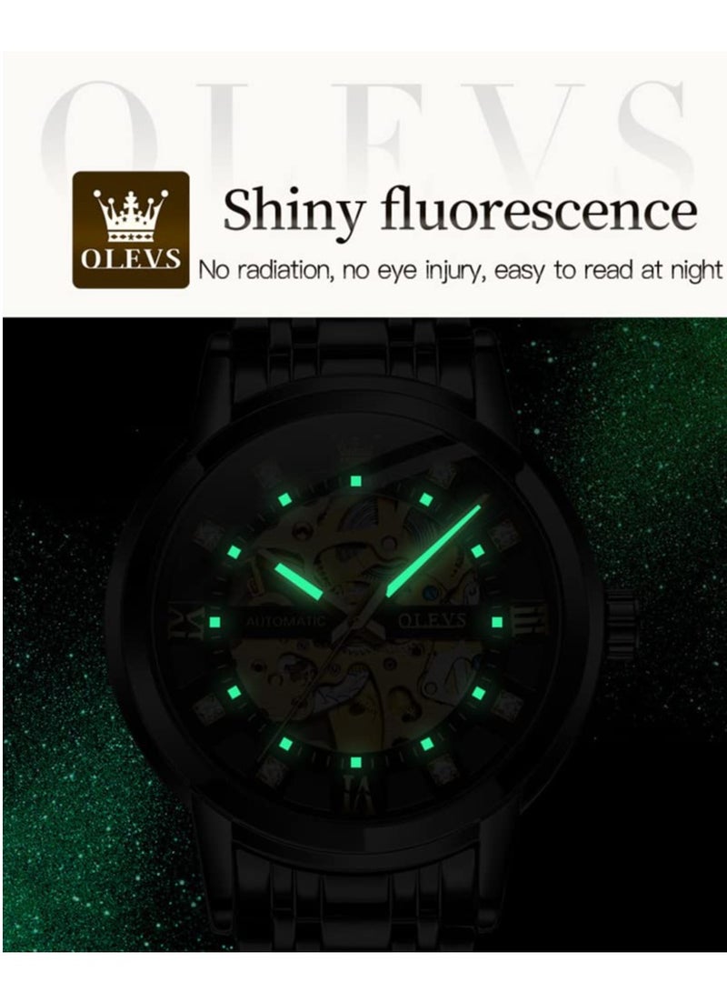 OLEVS OLEVS Men's Gold Hollow Watch Automatic Mechanical Stainless Steel Waterproof Luminous Watch 9901  - Image 5