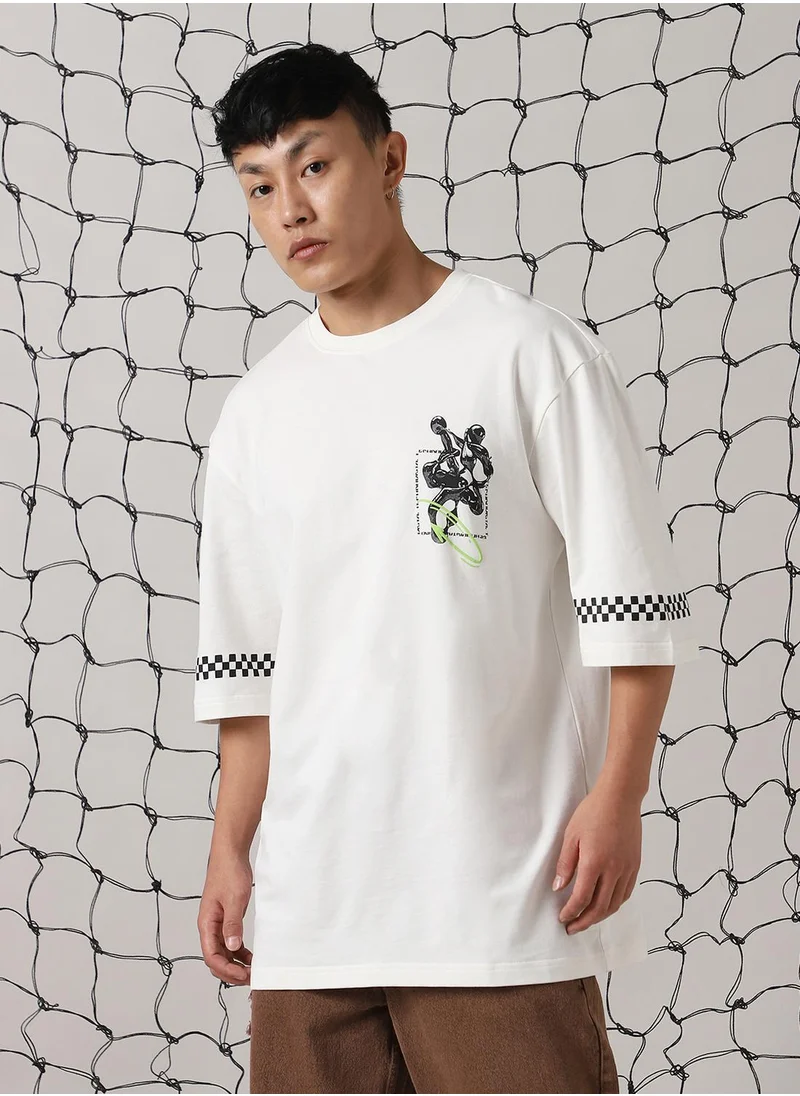 هوبرهولمي Men's White 100% Cotton Printed Oversized T-Shirt