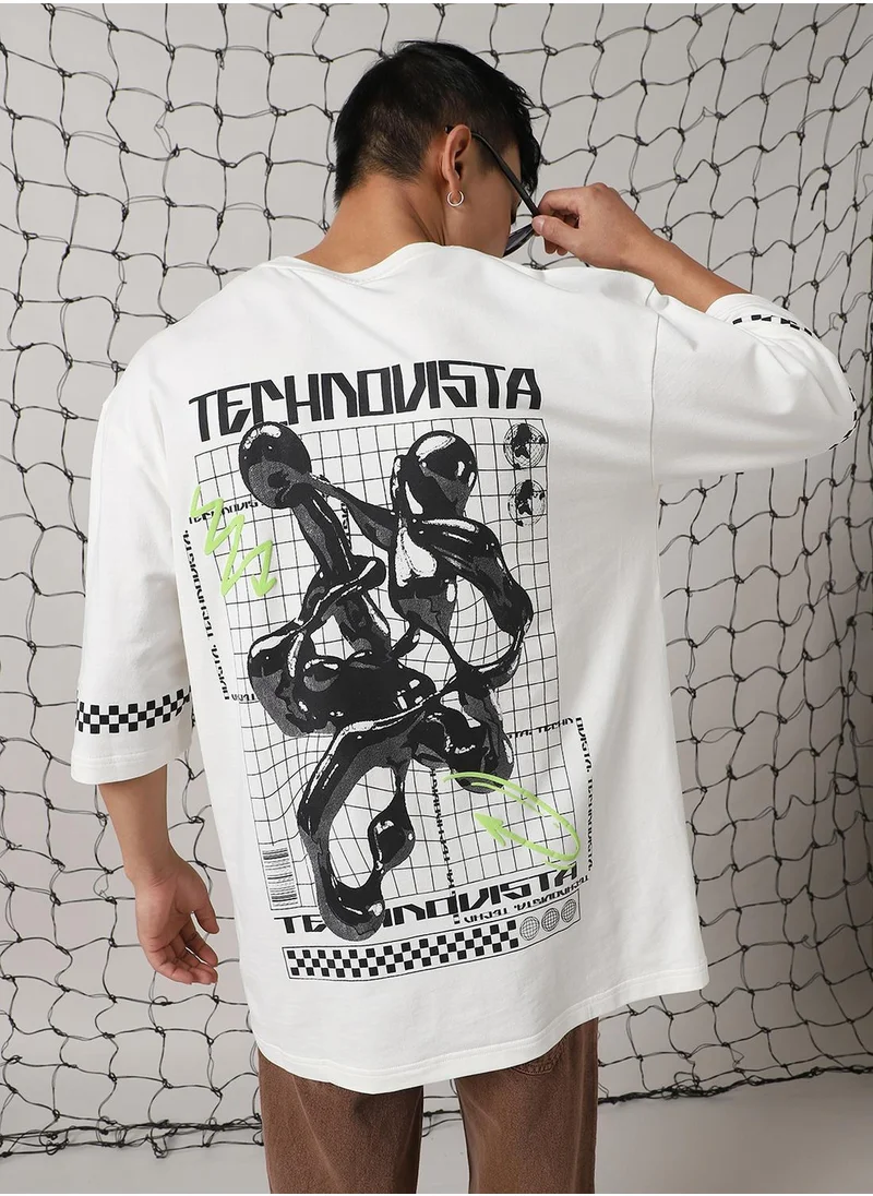 هوبرهولمي Men's White 100% Cotton Printed Oversized T-Shirt