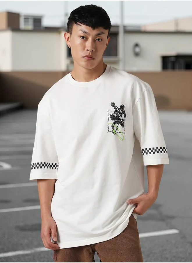 Hubberholme Men's White 100% Cotton Printed Oversized T-Shirt