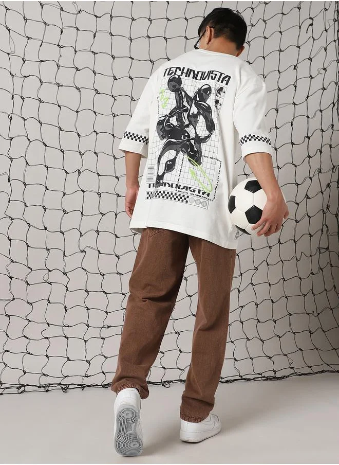 Hubberholme Men's White 100% Cotton Printed Oversized T-Shirt