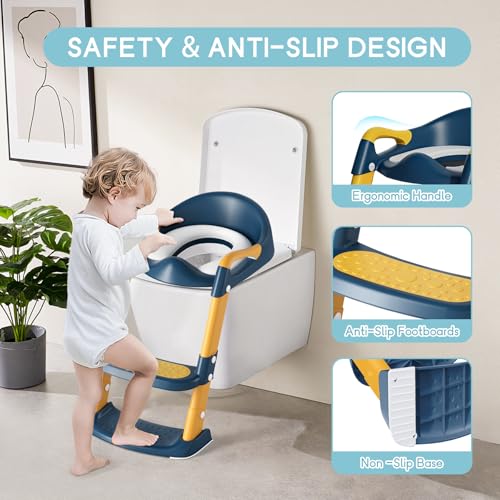 COOSEYA Potty Training Toilet with Step Stool Ladder, Toddler Kids Potty Training Seat for Boys Girls, Foldable Anti-Slip Toilet Toddler Seat Splash Guard Soft Cushion Safety Handles (Blue Yellow) - Image 3