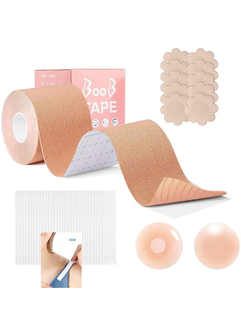 YOUGE Breast Tape, 5 M Extra-Long Roll Breast Tape, 36 Pcs Double Sided Tape for Apparel and Body with 2 Pcs Reusable Nipple Covers, Adhesive Strapless Lift Tape for A-G Cup Beige - Image 1