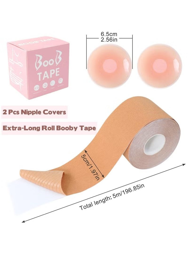 YOUGE Breast Tape, 5 M Extra-Long Roll Breast Tape, 36 Pcs Double Sided Tape for Apparel and Body with 2 Pcs Reusable Nipple Covers, Adhesive Strapless Lift Tape for A-G Cup Beige - Image 2