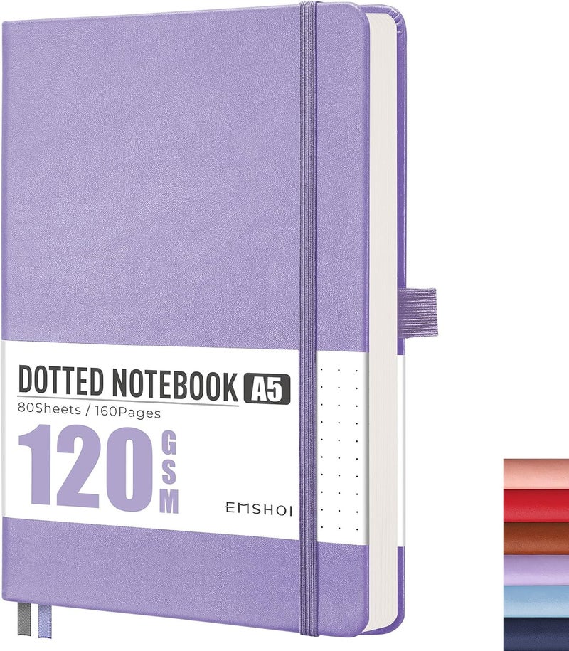 EMSHOI A5 Notebook Dotted Journal - 120gsm Thick Paper, Hardcover Leather Dot Grid Notebook for Bullet Journaling with 128 Pages, Journal Stencils, Inner Pocket, 21 x 14.5 cm, Light Purple - Image 1