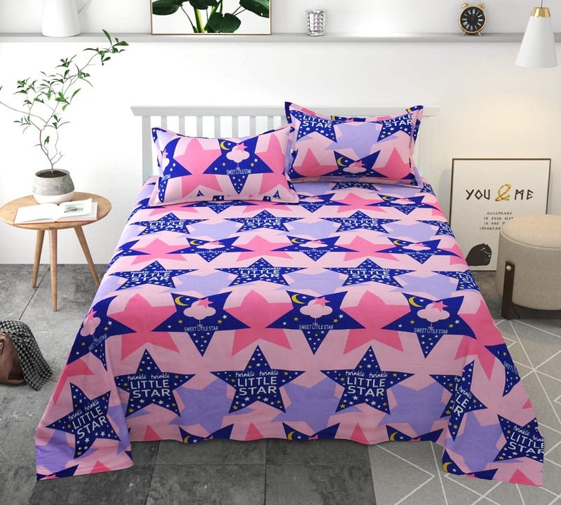 TIB Cotton Feel Polycotton King Size Bed Sheet with 2 Pillow Covers,90X100 Inches (Star) - Image 1