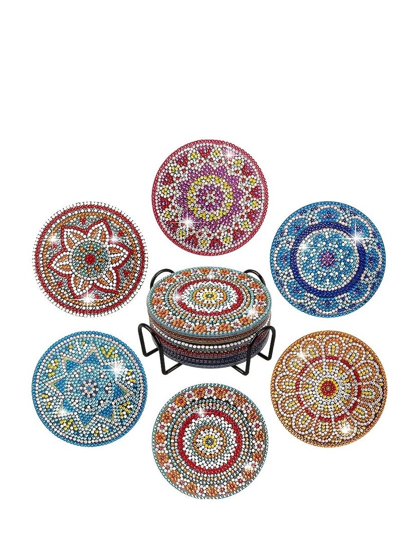6 Pcs DIY 5D Diamond Painting Kits Diamond Art Coasters Shining Drink Coasters with Cup Holder DIY Arts and Crafts for Adults Kids Beginners Diamond Painting Coasters