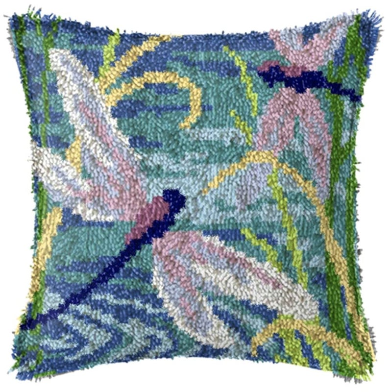 LAPATAIN Latch Hook Kits for DIY Throw Pillow CoverTwo Dragonflies Needlework Cushion Cover Hand Craft Crochet 17x17inch
