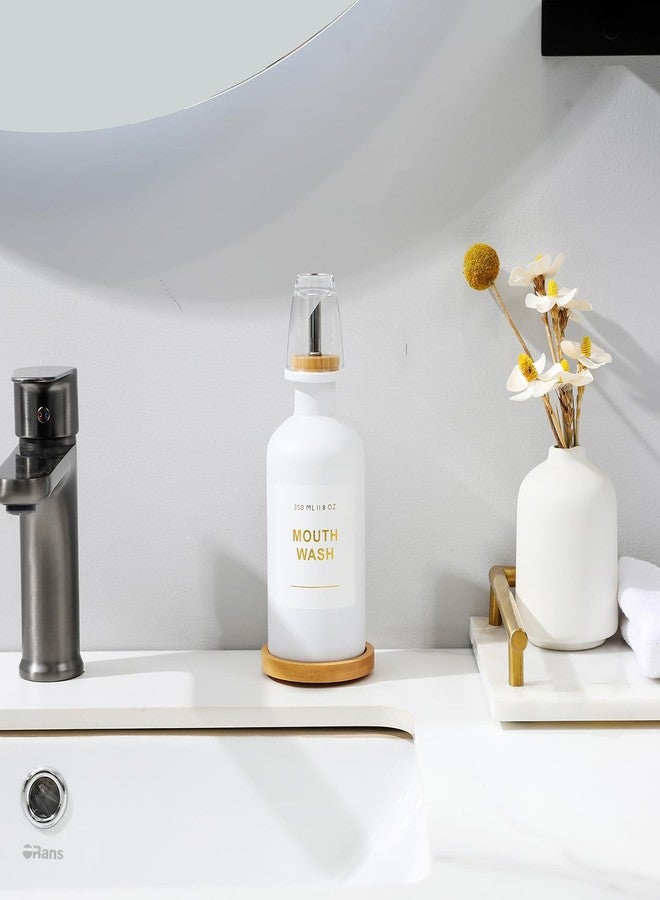 BONLONG 11.8OZ Mouthwash Dispenser for Bathroom with Bamboo & Stainless Steel Pour Spout, Mouthwash Cup Reusable, Bamboo Tray, and Elegant Gold Label. （White - Image 2