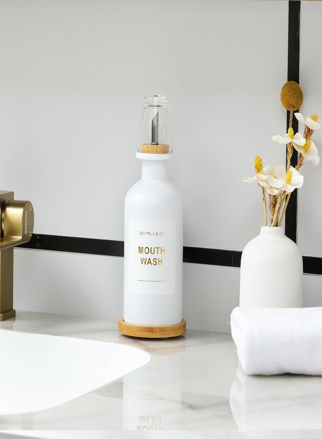 BONLONG 11.8OZ Mouthwash Dispenser for Bathroom with Bamboo & Stainless Steel Pour Spout, Mouthwash Cup Reusable, Bamboo Tray, and Elegant Gold Label. （White - Image 5