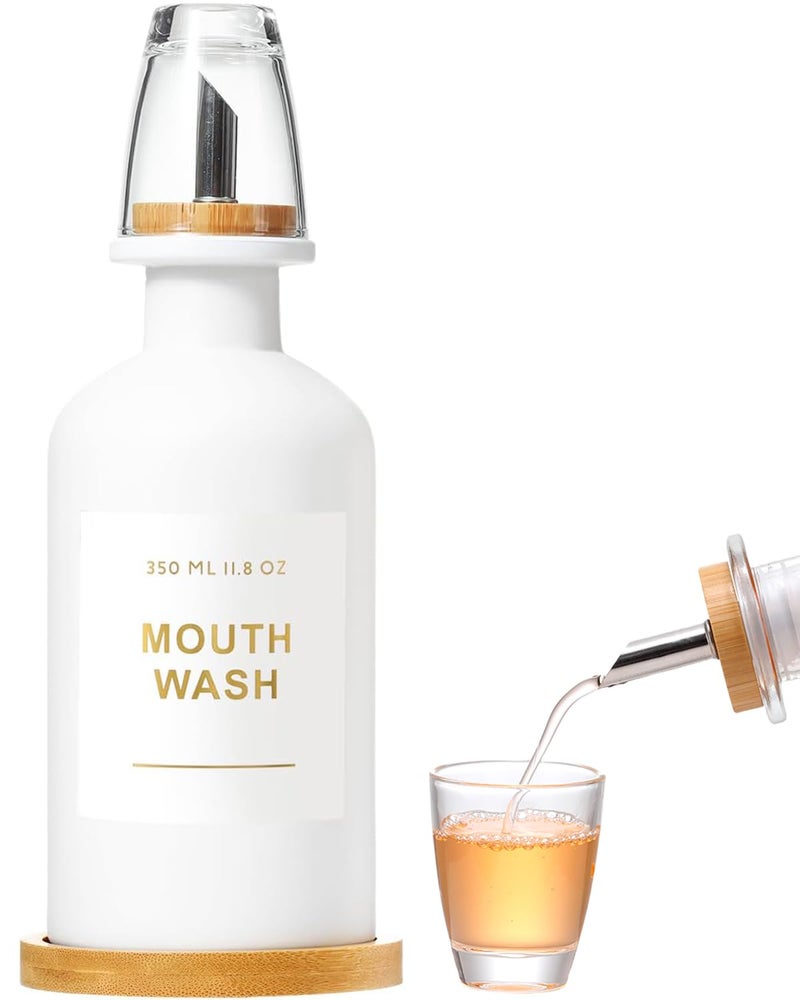 BONLONG 11.8OZ Mouthwash Dispenser for Bathroom with Bamboo & Stainless Steel Pour Spout, Mouthwash Cup Reusable, Bamboo Tray, and Elegant Gold Label. （White - Image 1