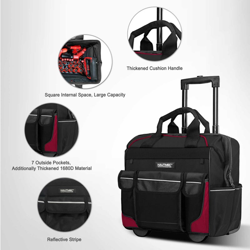 HAUTMEC HAUTMEC 16" Wide Mouth Rolling Tool Bag, Portable Rolling Tote Bag with Telescopic Handle and Oversized Wheel, Specially Made for Electrical and Woodworking Contractors, Both Men and Women HT0179 TB  - Image 2