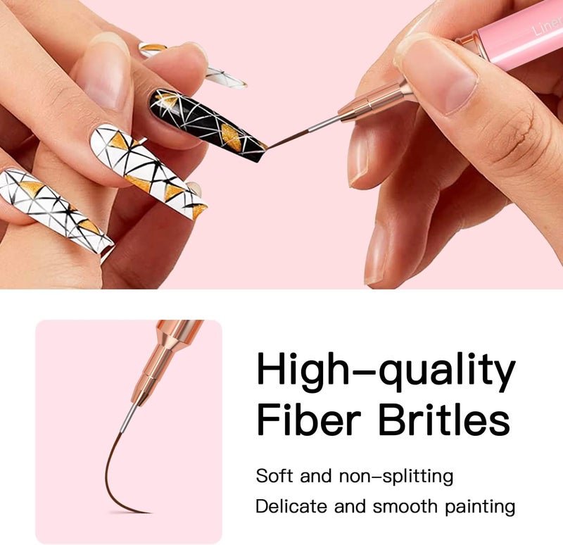 Komall Metallic Nail Art Brushes, 5Pcs Liner Brush Set, UV Gel Polish Painting Art Design Pen for Long Lines, Thin Details, Fine Drawing Sizes 4/8/12/20/25mm(Pink) - Image 3