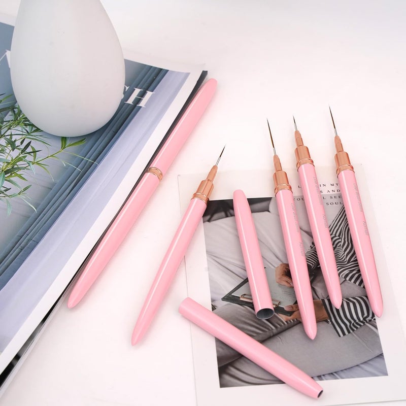 Komall Metallic Nail Art Brushes, 5Pcs Liner Brush Set, UV Gel Polish Painting Art Design Pen for Long Lines, Thin Details, Fine Drawing Sizes 4/8/12/20/25mm(Pink) - Image 5