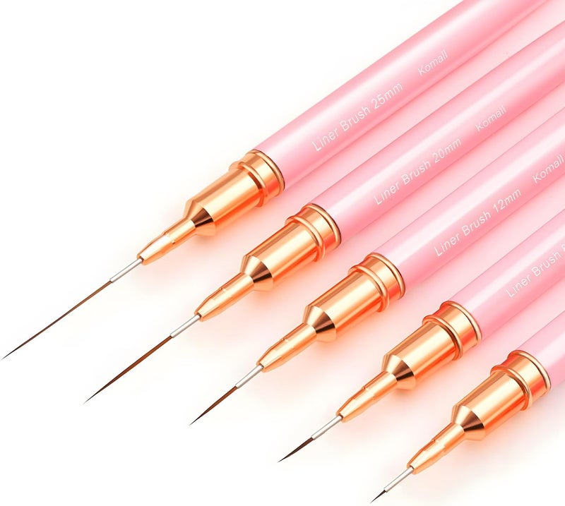 Komall Metallic Nail Art Brushes, 5Pcs Liner Brush Set, UV Gel Polish Painting Art Design Pen for Long Lines, Thin Details, Fine Drawing Sizes 4/8/12/20/25mm(Pink) - Image 1