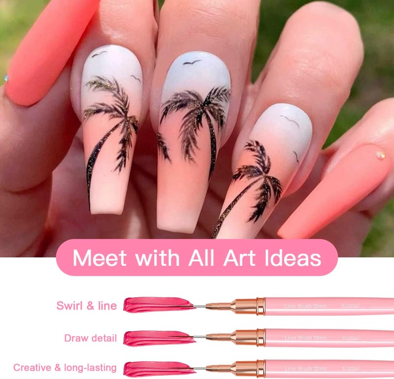 Komall Metallic Nail Art Brushes, 5Pcs Liner Brush Set, UV Gel Polish Painting Art Design Pen for Long Lines, Thin Details, Fine Drawing Sizes 4/8/12/20/25mm(Pink) - Image 2