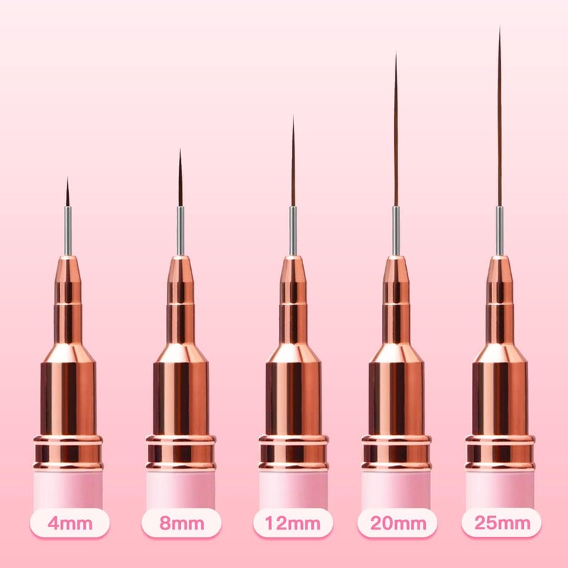 Komall Metallic Nail Art Brushes, 5Pcs Liner Brush Set, UV Gel Polish Painting Art Design Pen for Long Lines, Thin Details, Fine Drawing Sizes 4/8/12/20/25mm(Pink) - Image 4