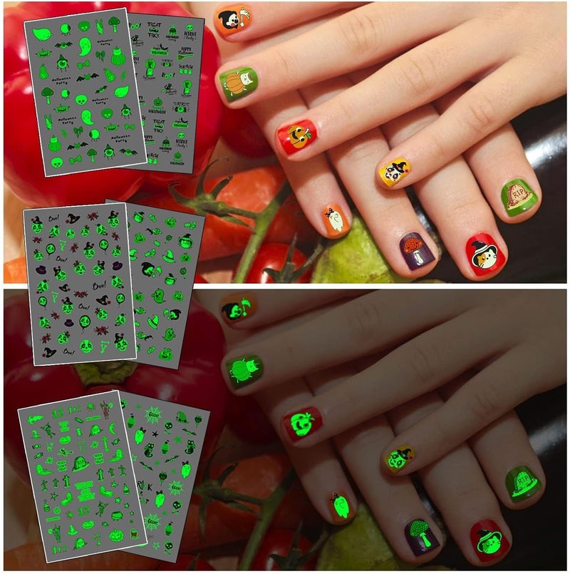 Leesgel 280 PCS Glow Nail Stickers Decals for Kids, Self-Adhesive DIY Stickers for Halloween Decorations, Nail Art Charms for Halloween Party Decorations