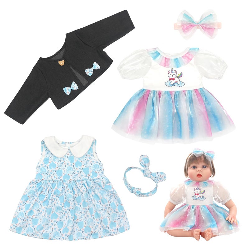 UNICORN ELEMENT Reborn Doll Clothes for 2022 Inch Girl Dolls 2 Sets 20 Inch Baby Doll Clothes Accessories 5 Pcs with Dress Black Coat Headband Perfect for 20 22 Baby Dolls Blue - Image 3