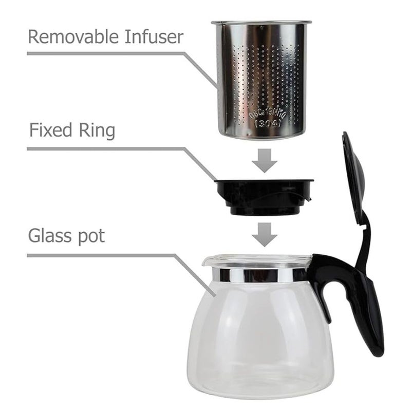 GipiBox Borosilicate Round Glass Tea Pot with Heat Resistant Stainless Steel Infuser Perfect for Tea and Coffee Maker Clear Glass Kettle TEAPOT with Black Handle 1000ml - Image 3