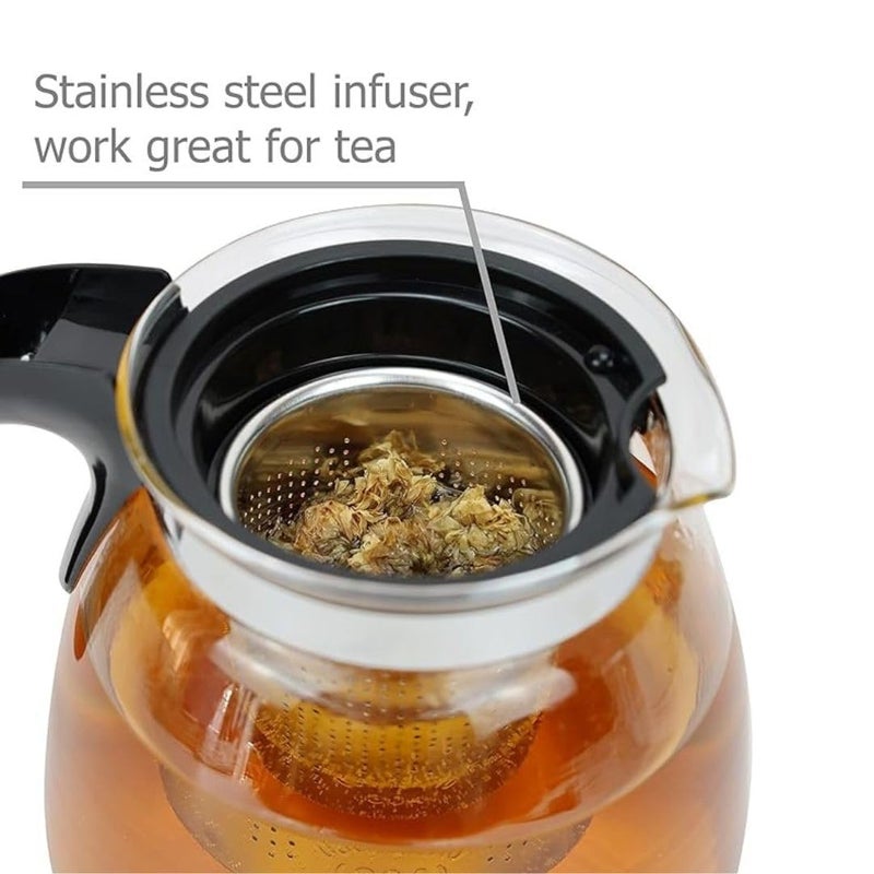 GipiBox Borosilicate Round Glass Tea Pot with Heat Resistant Stainless Steel Infuser Perfect for Tea and Coffee Maker Clear Glass Kettle TEAPOT with Black Handle 1000ml - Image 4
