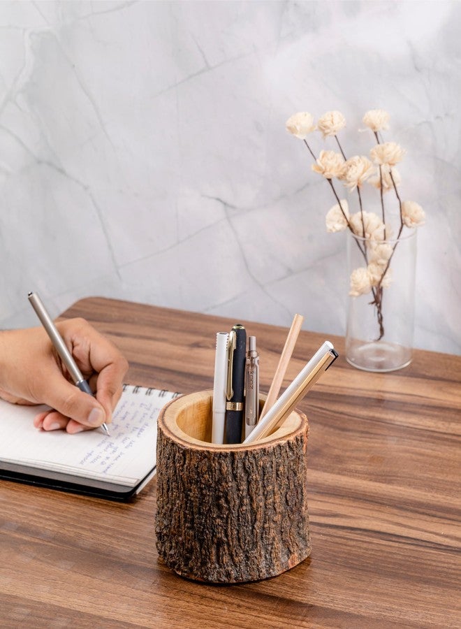 Mie Creations Rustic Wood Pencil Cup Pen Holder for Table, Vintage Antique Wooden Office Desktop Stationary Organizer, Cute Retro Desk Accessories, Farmhouse Decorative Mango Wood Log Pen Stand- 4'' - Image 2