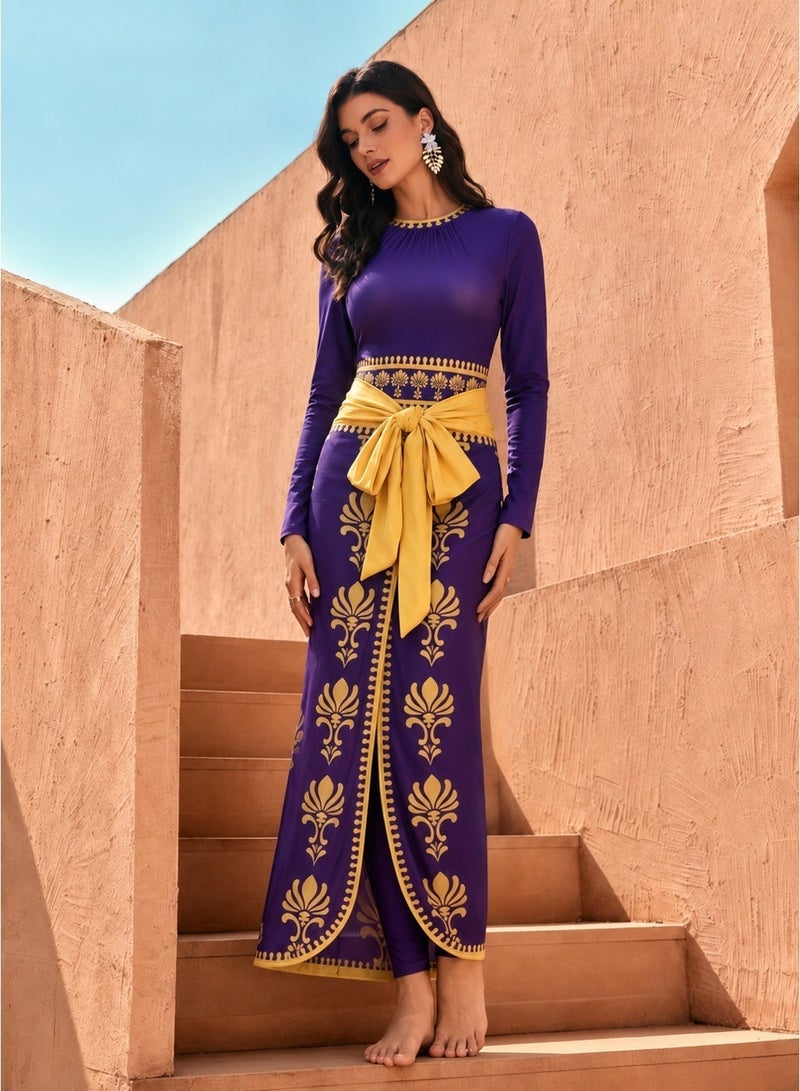 Fianser Women Luxury 3 Piece Burkini Set Modest Swimwear Purple Gold Arabic Print Long Sleeve Swimsuit with Full Length Pants Chiffon Swim Skirt Bow Belt Islamic Muslim Swimwear UV Protection Waterproof Beachwear - Image 3