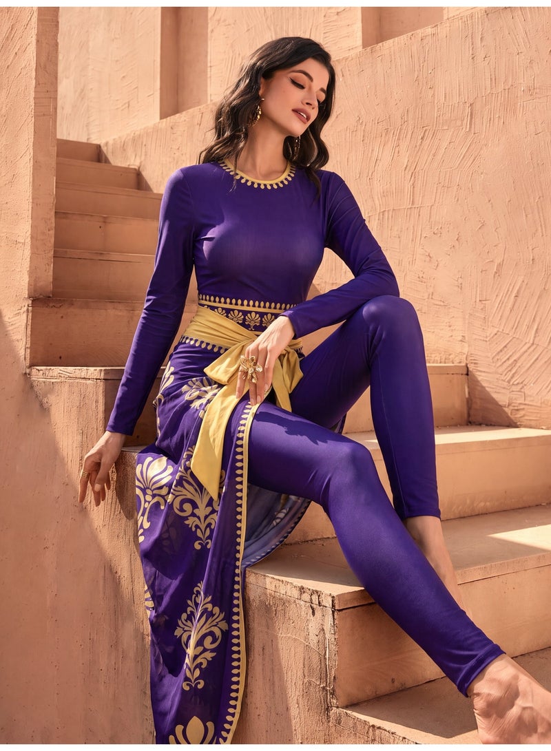 Fianser Women Luxury 3 Piece Burkini Set Modest Swimwear Purple Gold Arabic Print Long Sleeve Swimsuit with Full Length Pants Chiffon Swim Skirt Bow Belt Islamic Muslim Swimwear UV Protection Waterproof Beachwear - Image 5