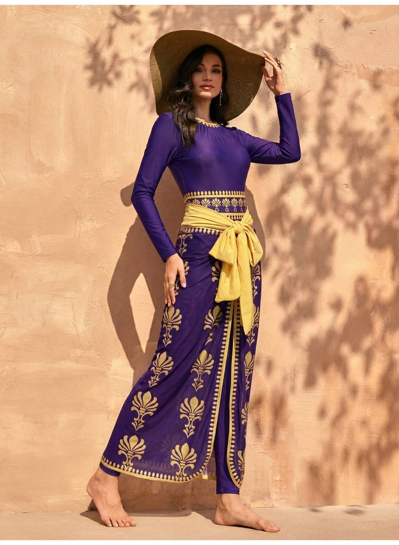 Fianser Women Luxury 3 Piece Burkini Set Modest Swimwear Purple Gold Arabic Print Long Sleeve Swimsuit with Full Length Pants Chiffon Swim Skirt Bow Belt Islamic Muslim Swimwear UV Protection Waterproof Beachwear - Image 4