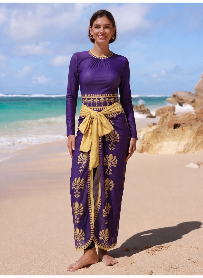 Fianser Women Luxury 3 Piece Burkini Set Modest Swimwear Purple Gold Arabic Print Long Sleeve Swimsuit with Full Length Pants Chiffon Swim Skirt Bow Belt Islamic Muslim Swimwear UV Protection Waterproof Beachwear - Image 1