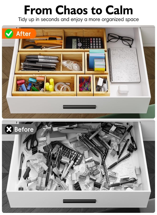 VA1KENE 12-Piece Bamboo Desk Drawer Organizer Tray - Adjustable Storage Boxes with 24 Adjustable Compartments for Office Drawer, Jewelry, Vanity & Desk Accessories - Image 5