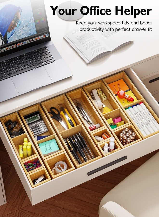 VA1KENE 12-Piece Bamboo Desk Drawer Organizer Tray - Adjustable Storage Boxes with 24 Adjustable Compartments for Office Drawer, Jewelry, Vanity & Desk Accessories - Image 4