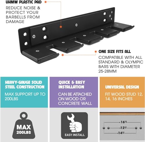 Yes4All Vertical Wall Mounted Olympic Barbell Holder, Barbell Storage Rack, Hanging Barbell Rack for Home Fitness Equipment - 4 bars - Image 3