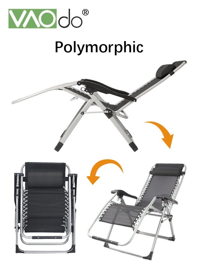 Foldable Zero Gravity Chair, Breathable Lounge Chair with Adjustable Backrest Pillow Footrest, 200KG Support Reclining Lounge Chair, Portable Sunlounger for Indoor and Outdoor Black