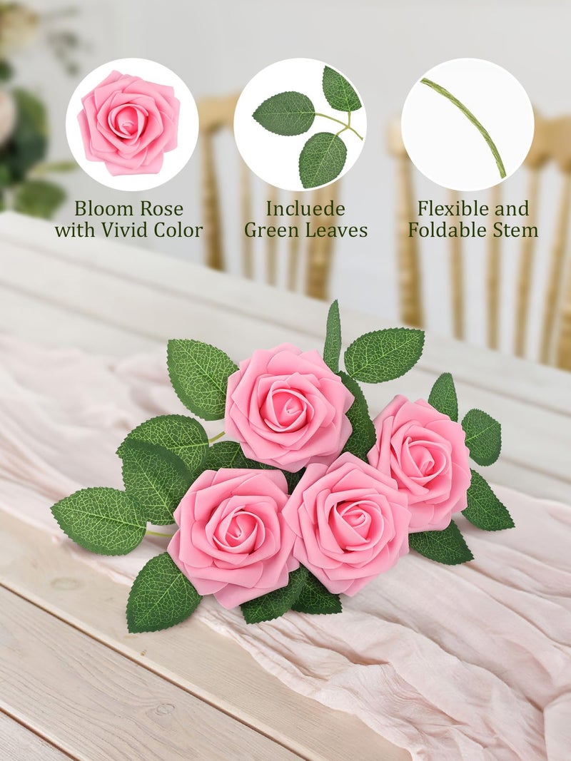Macting Artificial Flowers 30Pcs Pink Fake Flowers With Stem Real Touch Soft Foam Roses Wedding Bouquet Table Centerpieces Party Bridal Shower Birthday Home Spring Summer Decor - Image 3
