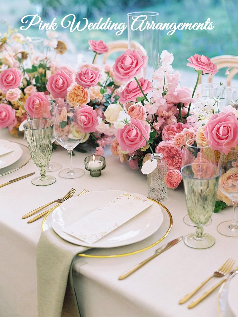 Macting Artificial Flowers 30Pcs Pink Fake Flowers With Stem Real Touch Soft Foam Roses Wedding Bouquet Table Centerpieces Party Bridal Shower Birthday Home Spring Summer Decor - Image 2