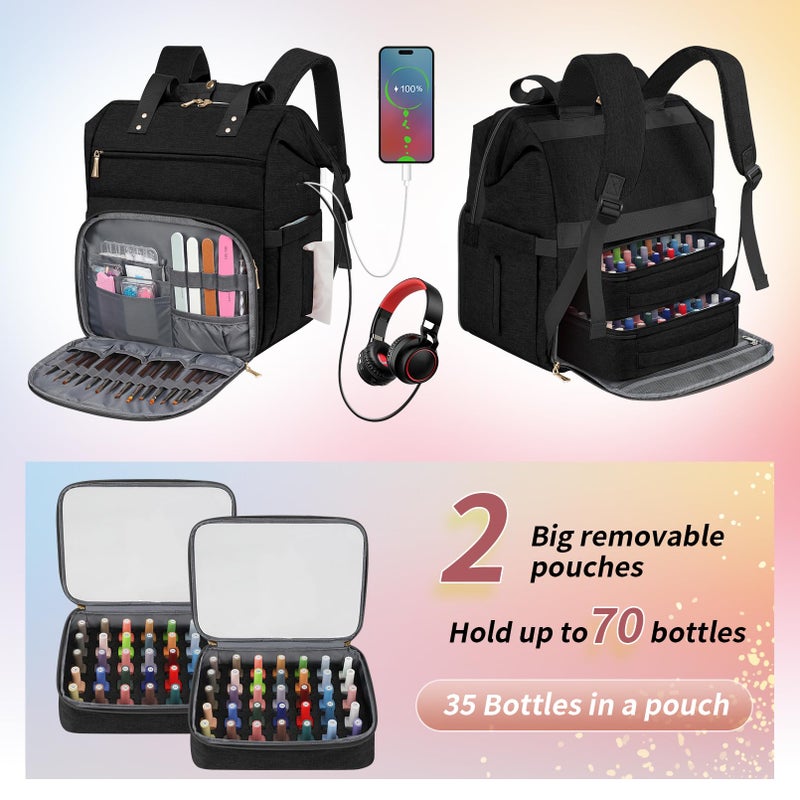 LTINVECK Nail Polish Organizer Case Backpack Holds 70 Bottles (15ml/0.5fl.oz)& Nail Lamp, 2 Layers Detachable Nail Kit Storage Case, Large Travel Nail Supplies Shoulder Bag for Manicure Tools (black) - Image 2