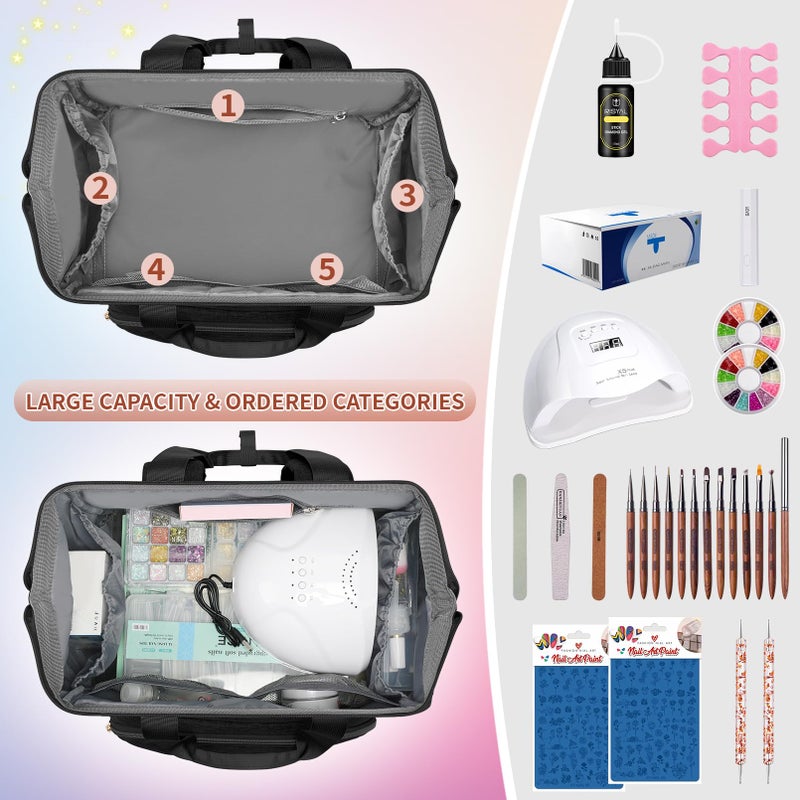 LTINVECK Nail Polish Organizer Case Backpack Holds 70 Bottles (15ml/0.5fl.oz)& Nail Lamp, 2 Layers Detachable Nail Kit Storage Case, Large Travel Nail Supplies Shoulder Bag for Manicure Tools (black) - Image 4