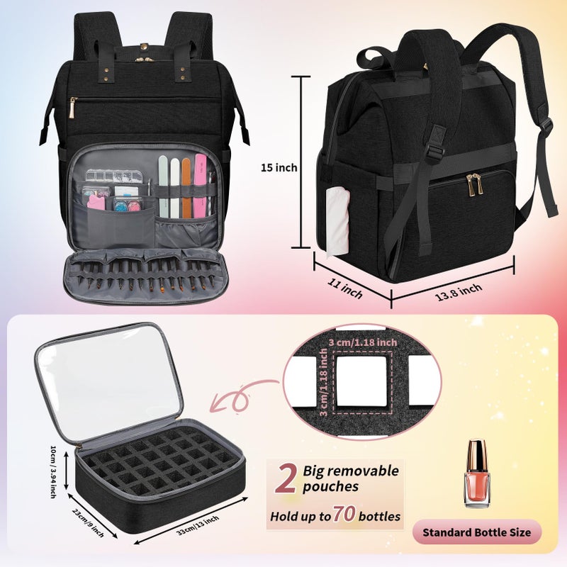 LTINVECK Nail Polish Organizer Case Backpack Holds 70 Bottles (15ml/0.5fl.oz)& Nail Lamp, 2 Layers Detachable Nail Kit Storage Case, Large Travel Nail Supplies Shoulder Bag for Manicure Tools (black) - Image 5