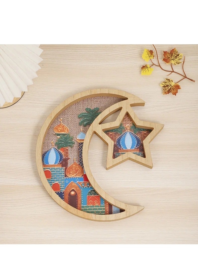 Moon Star Wooden Dessert Tray Home Decoration Ramadan Eid Party Tray Natural Wood Color  - Image 1