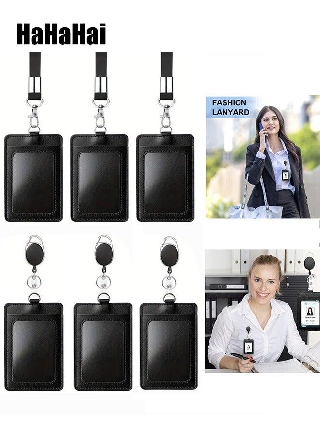 HaHaHai 6 Pcs ID Card Holder with Detachable Neck Lanyard Strap and Retractable Badge Reel Clip Keychain, Unisex Leather ID Badge Holder Set for Work School and Metro Card(Black)  - Image 1