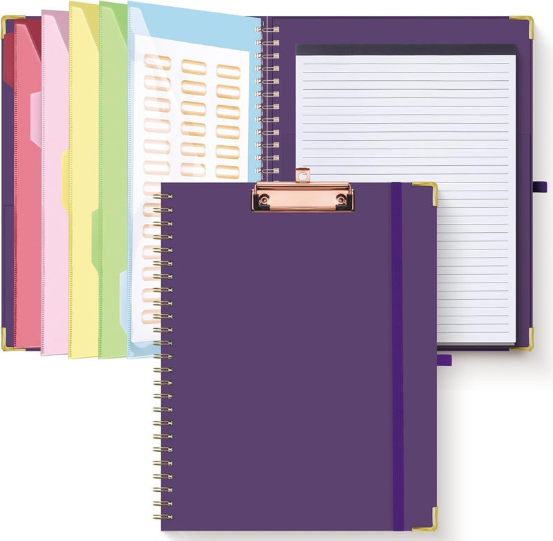 Hautoco Clipboard Folio with Refillable Lined Notepad for Letter Size (11" x 8.5"), 5 Dividers with 10 Pockets, Elastic Pen Holder and File Folder Labels, Spiral Nurse Clipboard Artboard(Dark Purple) - Image 1