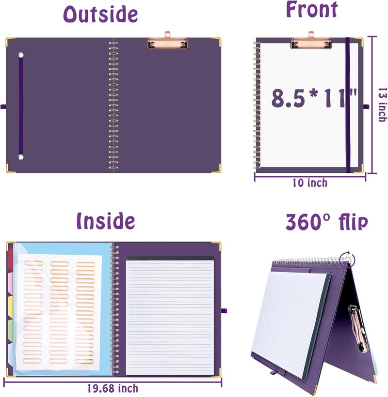Hautoco Clipboard Folio with Refillable Lined Notepad for Letter Size (11" x 8.5"), 5 Dividers with 10 Pockets, Elastic Pen Holder and File Folder Labels, Spiral Nurse Clipboard Artboard(Dark Purple) - Image 2