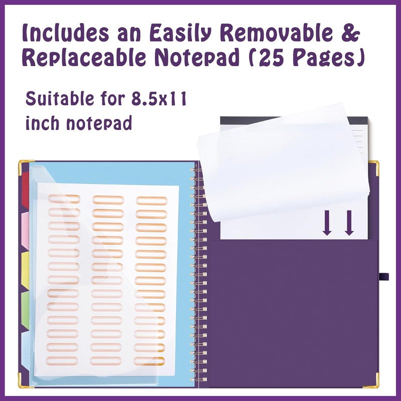 Hautoco Clipboard Folio with Refillable Lined Notepad for Letter Size (11" x 8.5"), 5 Dividers with 10 Pockets, Elastic Pen Holder and File Folder Labels, Spiral Nurse Clipboard Artboard(Dark Purple) - Image 3