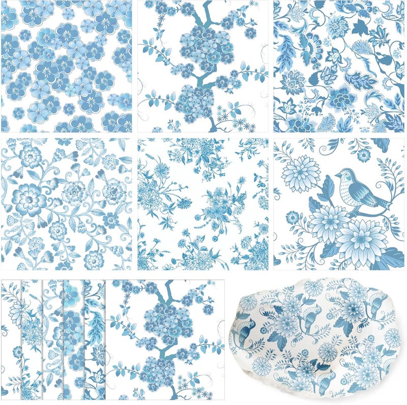 Epakh 36 عبوة 6 أنماط من مناديل عيد الميلاد الزرقاء الفاتحة للتزيين متنوعة الزهور الصينية مناديل كوكتيل زخرفية ورقية للحرف اليدوية لمشاريع DIY ديكور الأثاث، كل واحدة مفتوحة 13 بوصة - Image 1