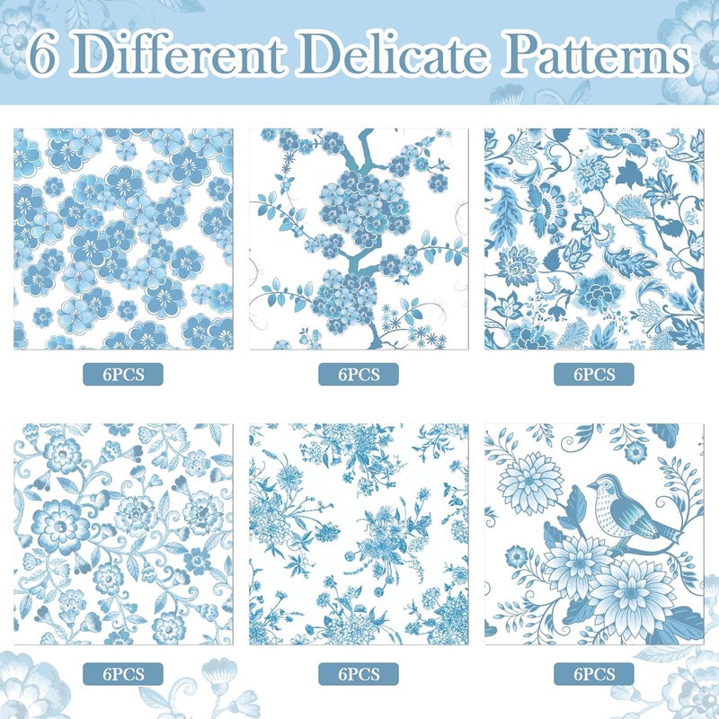 Epakh 36 عبوة 6 أنماط من مناديل عيد الميلاد الزرقاء الفاتحة للتزيين متنوعة الزهور الصينية مناديل كوكتيل زخرفية ورقية للحرف اليدوية لمشاريع DIY ديكور الأثاث، كل واحدة مفتوحة 13 بوصة - Image 5